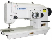 the Consew 199RB-1A-1 is precisely the machine you're describing. It's a classic and versatile industrial machine that combines a single needle, drop feed, straight stitch, and zigzag capabilities with a large bobbin, and it uses the 2-step / 1-stitch zigzag pattern you're looking for