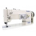 It is a heavy-duty compound feed machine designed for sewing medium to heavy materials like leather, canvas, and synthetic fabrics .