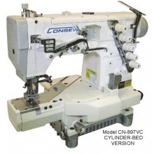 The Consew CN897CV-1 is a top-tier industrial cylinder bed coverstitch machine, designed for high-speed, professional finishing of tubular and hard-to-reach items like cuffs, sleeves, and waistbands. This package comes complete with an assembled table and a servo motor for precise control .