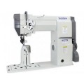 It is a specialized machine designed for sewing three-dimensional items like footwear and hats, featuring a 7-inch post bed and a synchronized upper and lower roller feed mechanism.