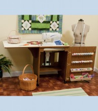 It is a compact, tabletop storage cabinet designed specifically for sewing and craft organization, featuring a warm oak finish and classic louvered doors .