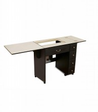 rrow cabinets are designed to organize sewing supplies, with features like built-in drawers, accessory bins on swing-out doors, and top trays for frequently used notions